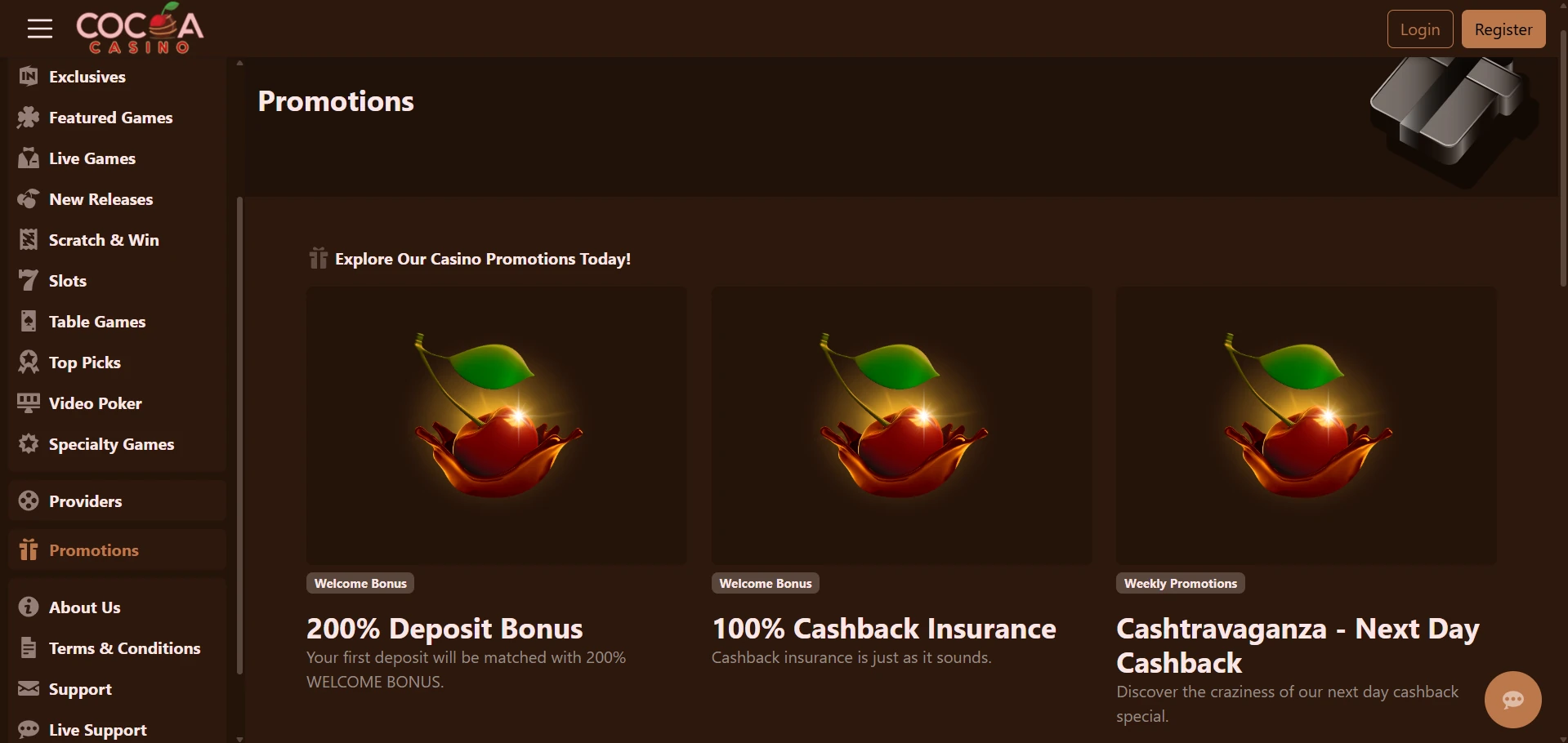 Cocoa bonus section as a new member sees it