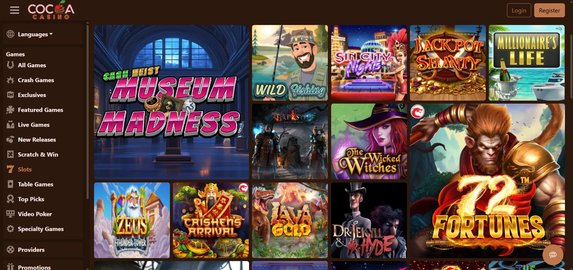 Cocoa game lobby with rows of game icons