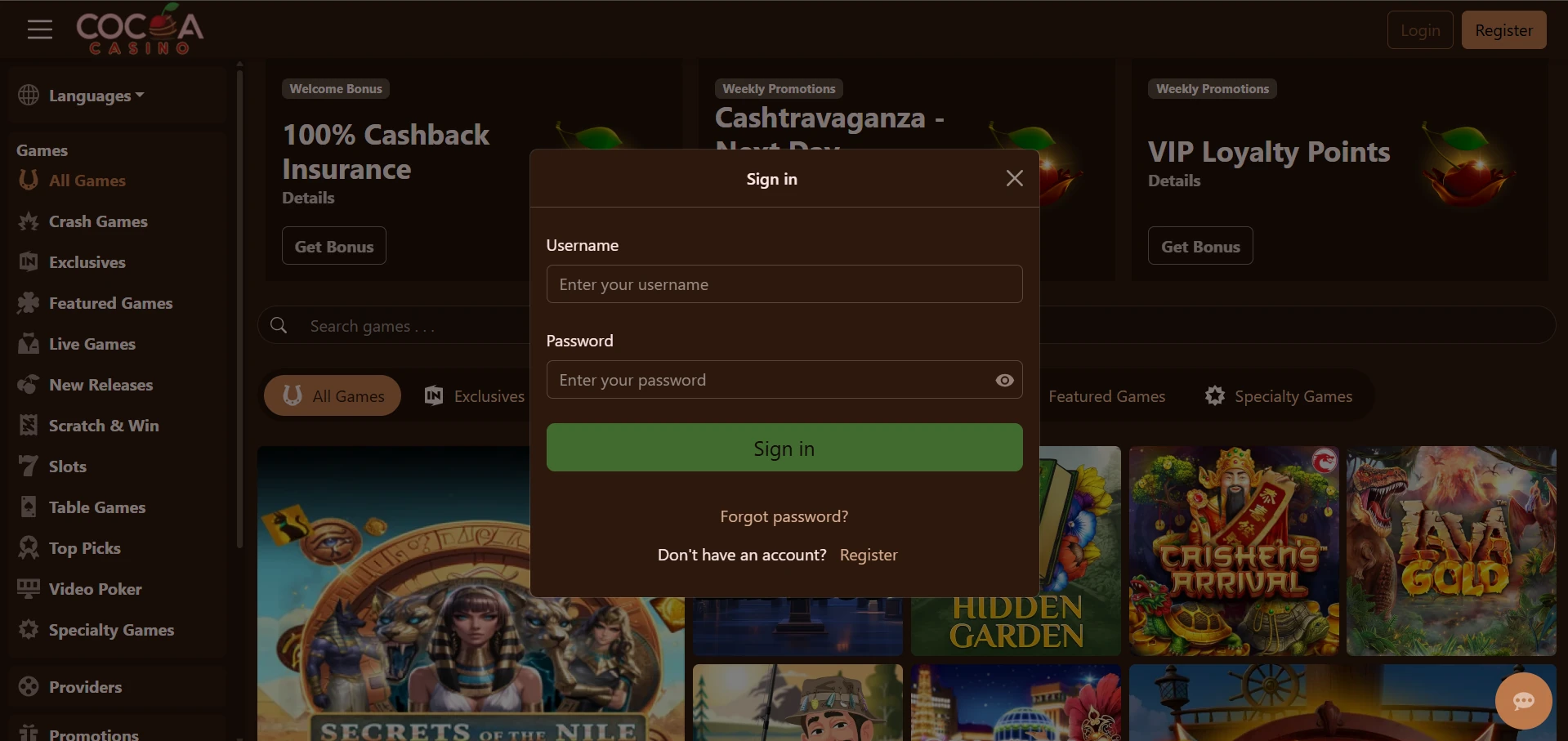 Cocoa login form on the desktop site